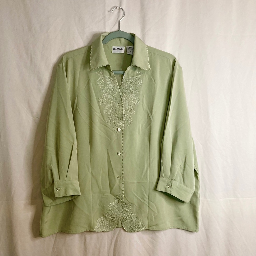 Sage Green Embroidered Floral Button Down Blouse BonWorth XL Grandmacore Pastel